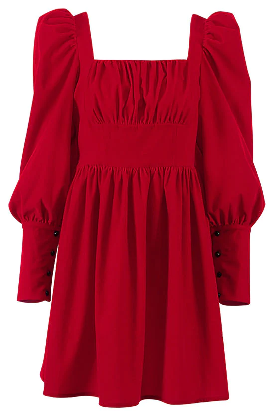 Christmas Square Neck Puff Sleeve Fit & Flare Velvet Party Mini Dress - Red