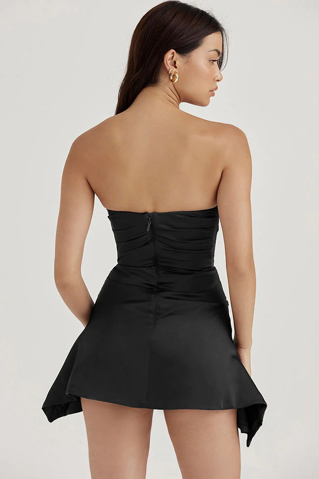 Silky Satin Pleated Trim Corset Strapless Party Mini Dress - Black