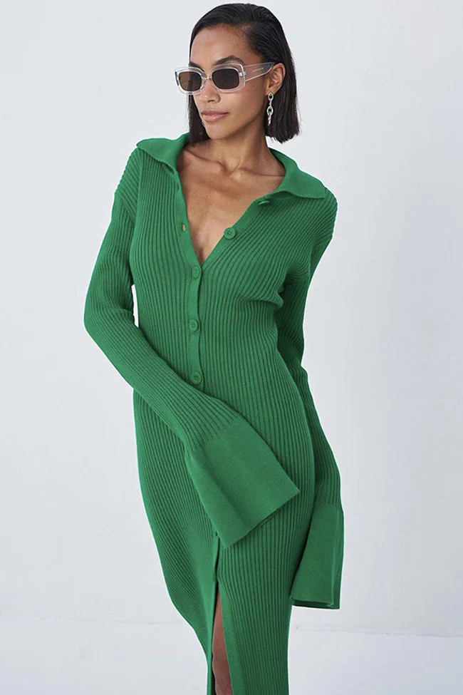 Long Sleeve Button Down Winter Sweater Maxi Dress - Emerald Green