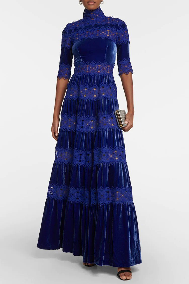 Luxurious High Neck Half Sleeve Ruched Lace Velvet Evening Maxi Dress - Royal Blue