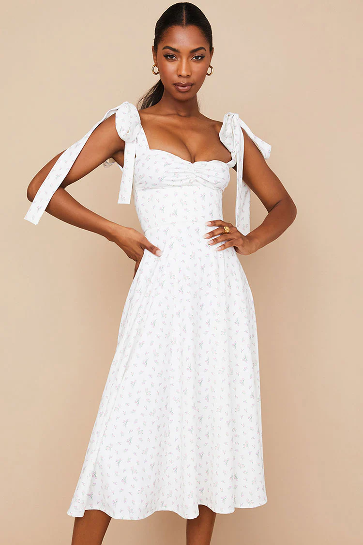 Sexy Ditsy Floral Tie Strap Fit & Flare High Slit Slip Midi Sun Dress - Red