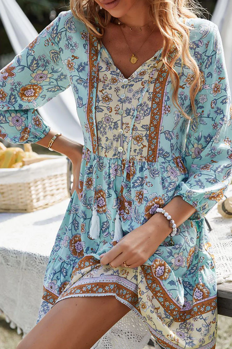 Prairie Tie Neck Half Button Floral Printed Boho Chic Mini Dress - Blue