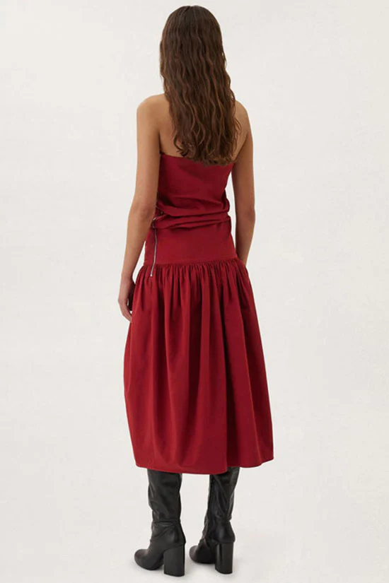 Two Way Ruched Detail Low Waist Cotton Blend Strapless Midi Dress - Red