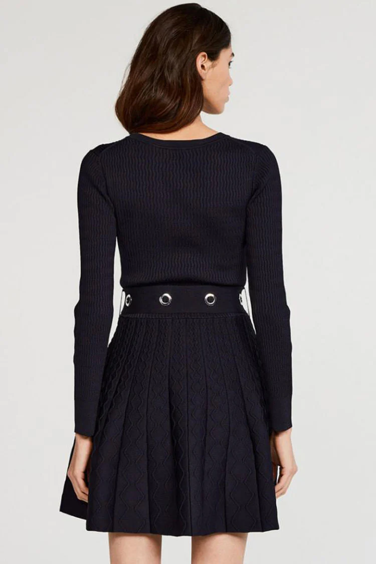 Long Sleeve Ribbed Sweater Winter Skater Mini Dress - Navy Blue