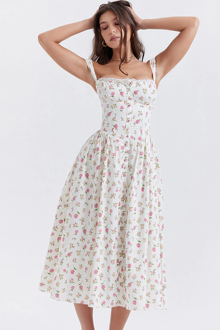Sexy Lace Square Neck Lace Up Back Fit & Flare Midi Sundress - Floral