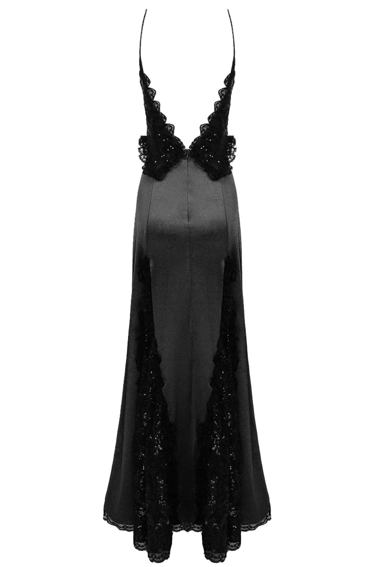 Sparkly Sequin Lace Trim Deep V Split Sleeveless Evening Maxi Dress - Black