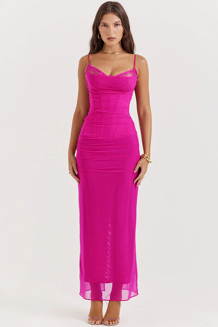 Sexy Lace V Neck Mesh Ruched Corset Cami Evening Maxi Dress - Hot Pink