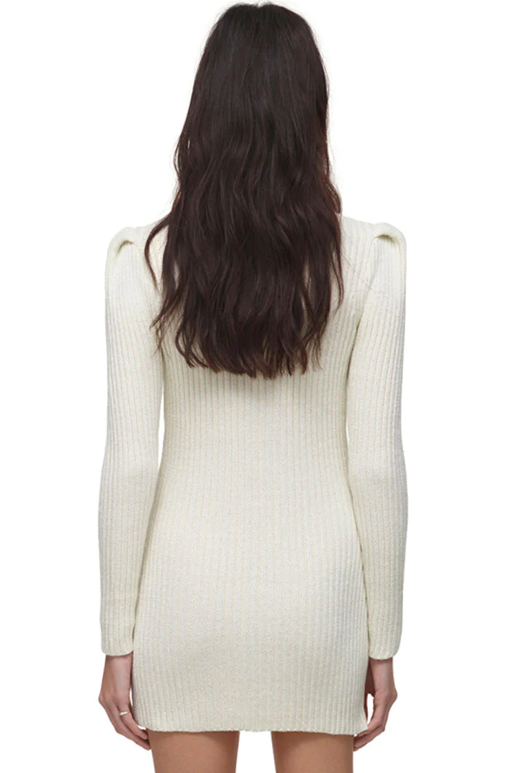 Sparkly Button Long Sleeve Winter Lurex Sweater Mini Dress - White