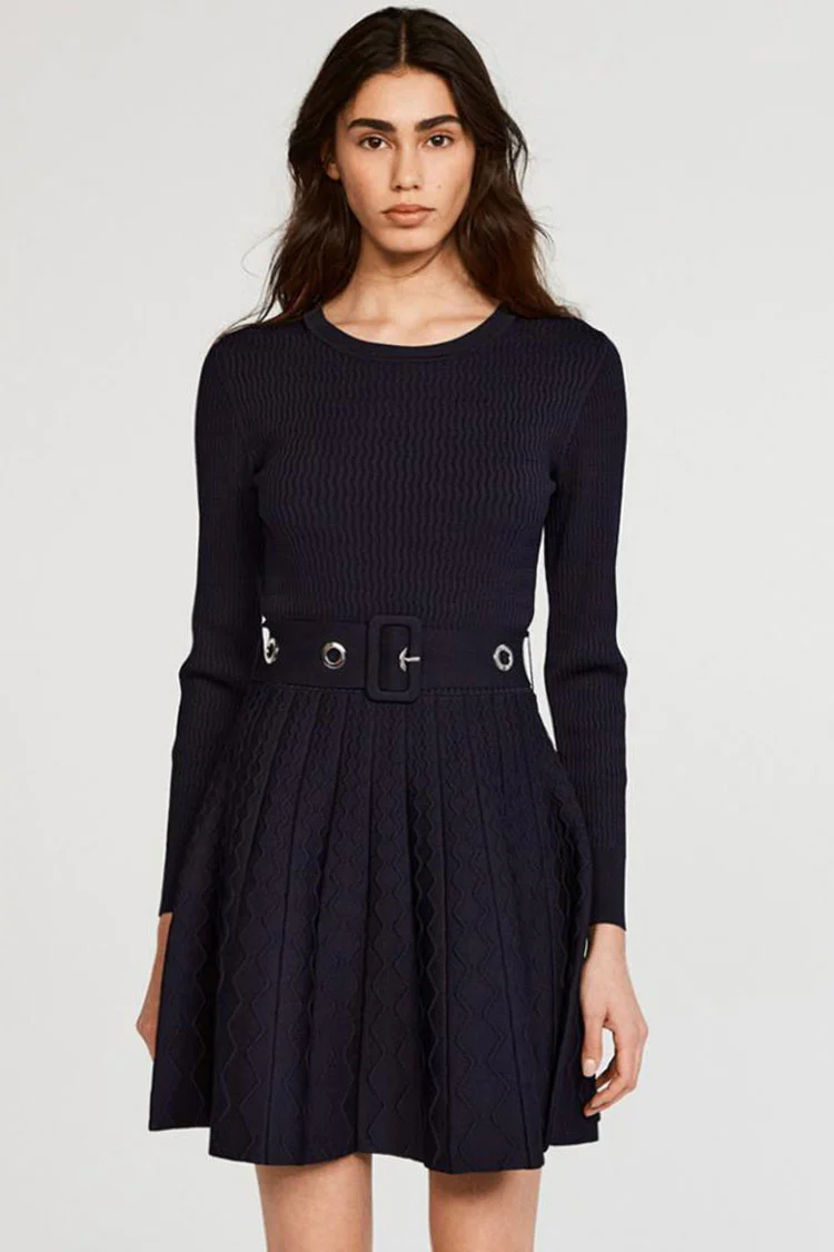 Long Sleeve Ribbed Sweater Winter Skater Mini Dress - Navy Blue