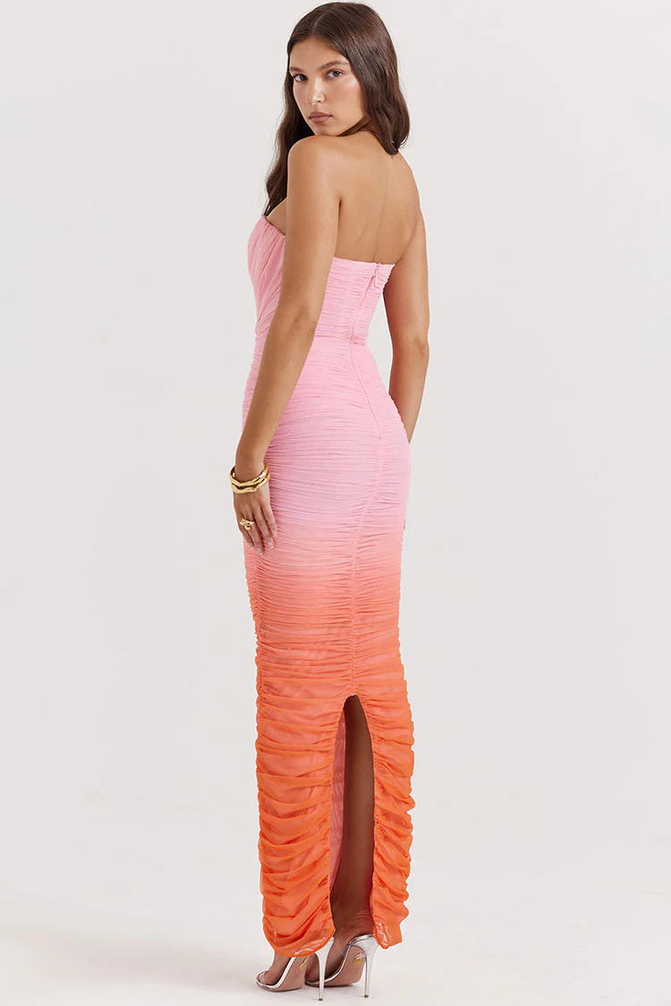 Gradient Strapless Mesh Ruched Bodycon Corset Evening Maxi Dress - Pink