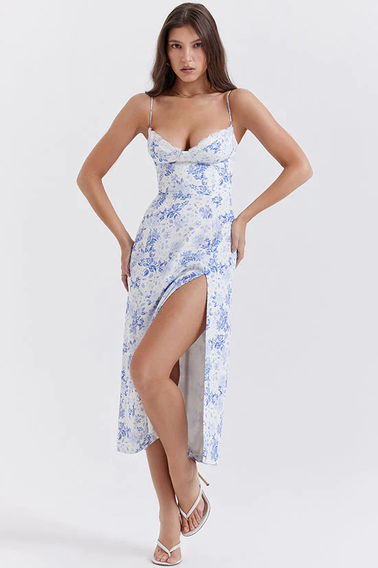 Sexy Eyelash Sweetheart Spaghetti Strap High Split Summer Floral Midi Sundress - Blue