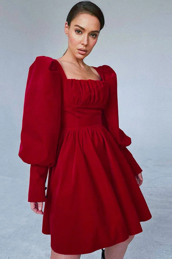 Christmas Square Neck Puff Sleeve Fit & Flare Velvet Party Mini Dress - Red