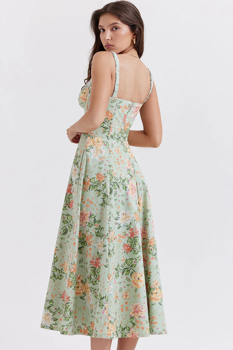 Sexy Tie Neck High Split Floral Printed Summer Midi Sundress - Green