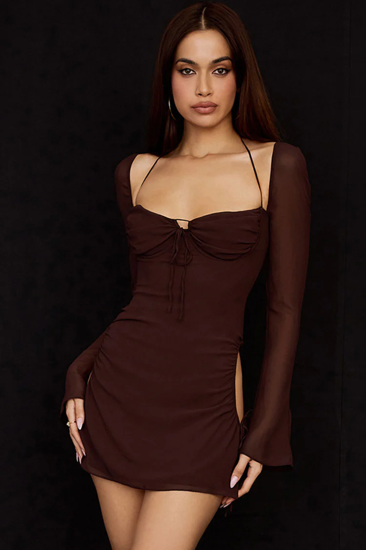 Darling Halter Neck Long Sleeve Cutout Club Mini Dress - Chocolate