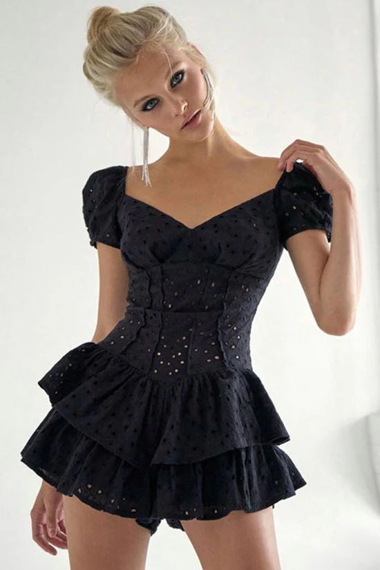 Sexy V Neck Puff Sleeve Broderie Anglaise Ultra Short Ruffle Tiered Dress - Black