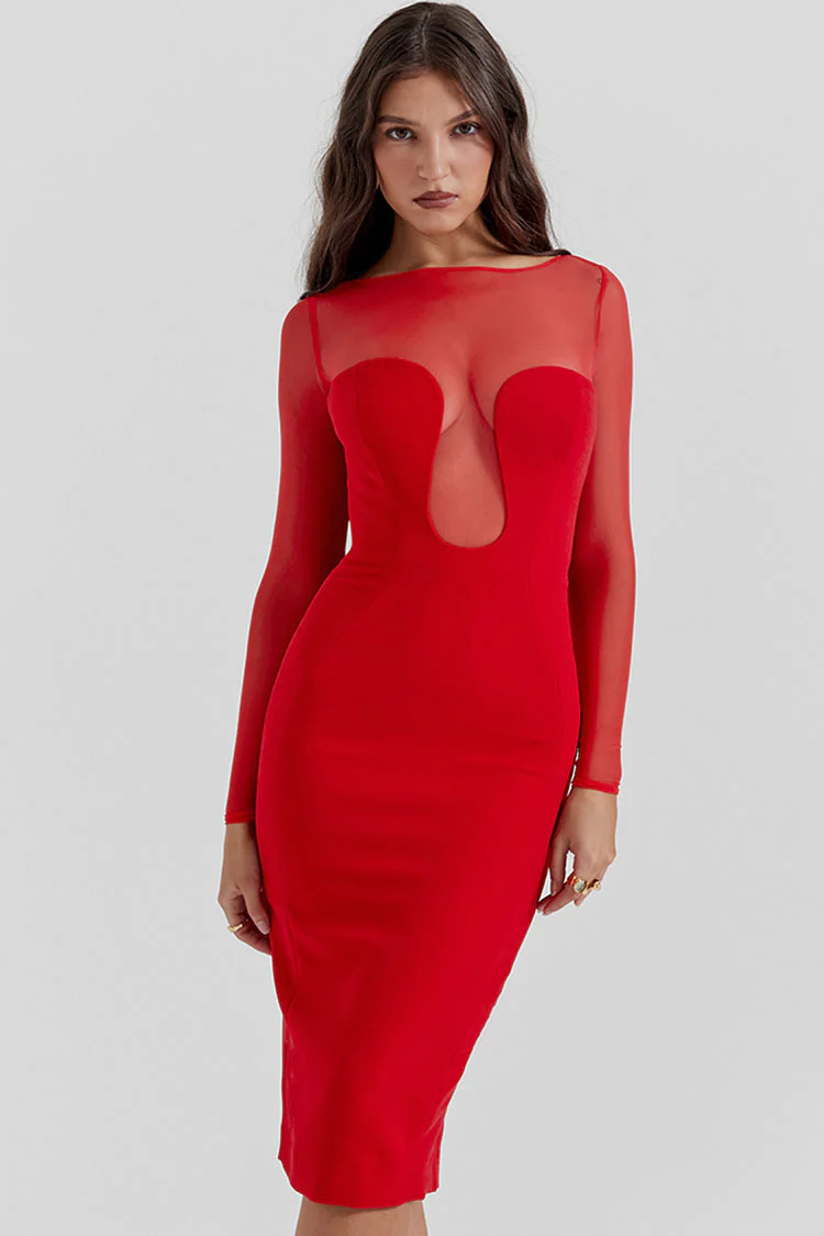Sexy Sheer Mesh Crew Neck Long Sleeve Bodycon Cocktail Party Midi Dress - Red