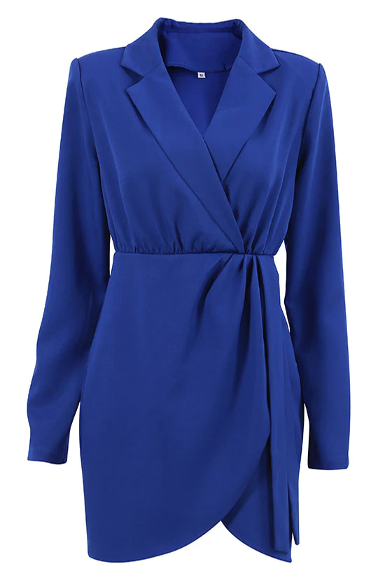 Classic Lapel Collar Shoulder Pad Ruched Long Sleeve Mini Dress - Royal Blue
