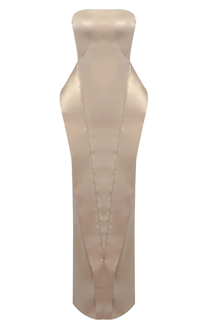 Silky Satin Strapless Hourglass Peplum Waist Fishtail Evening Maxi Dress - Light Tan