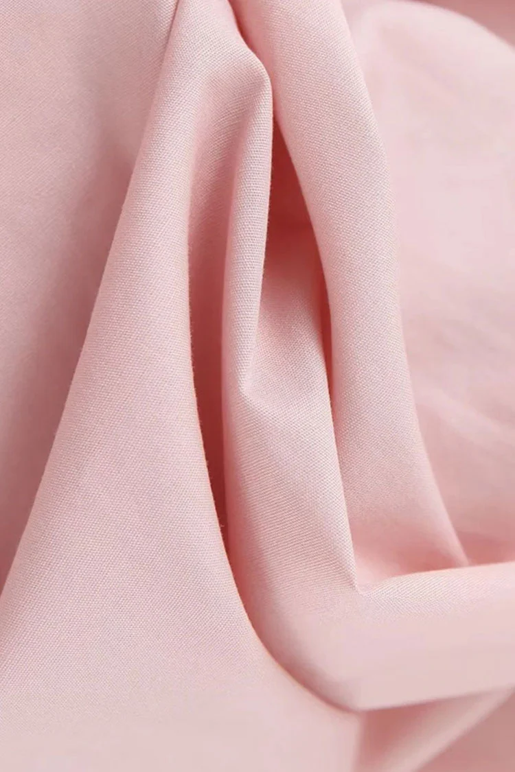 Sweet Ruched Knot Puff Sleeve Pleated Trim Cotton Blend Mini Dress - Pink