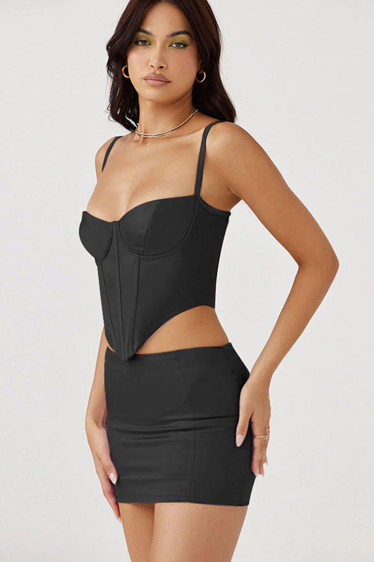 Sexy Crop Bustier Satin Top Low Waist Two Piece Mini Dress - Black