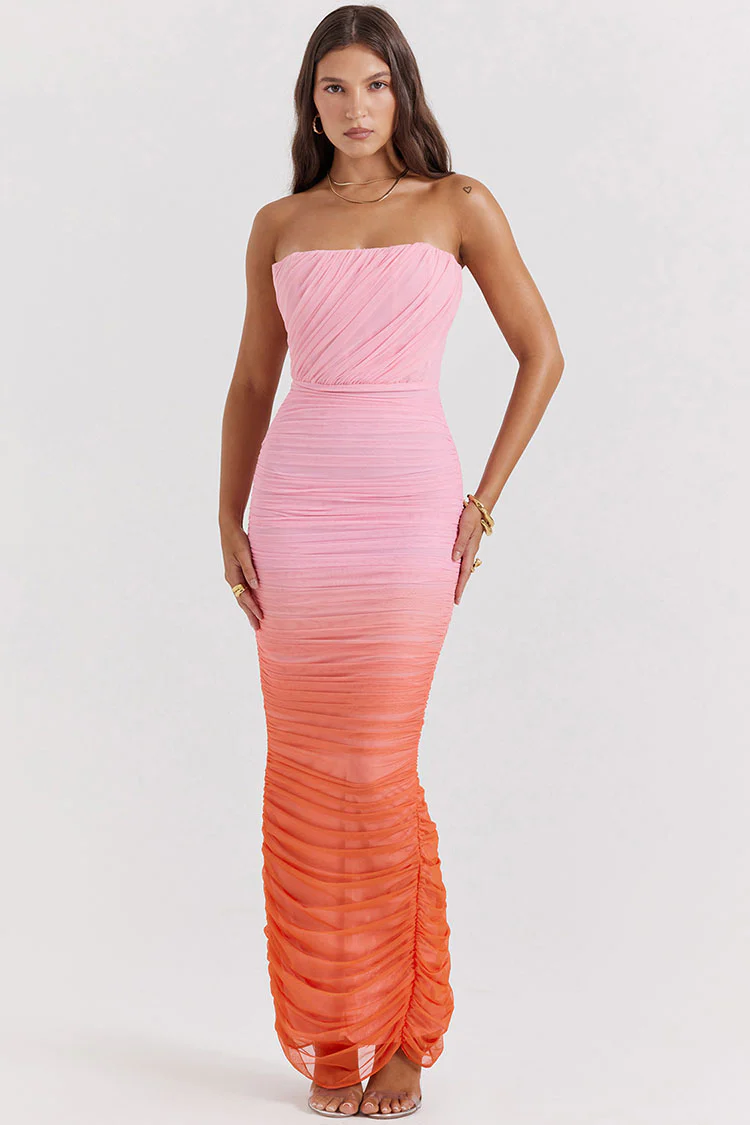 Gradient Strapless Mesh Ruched Bodycon Corset Evening Maxi Dress - Pink