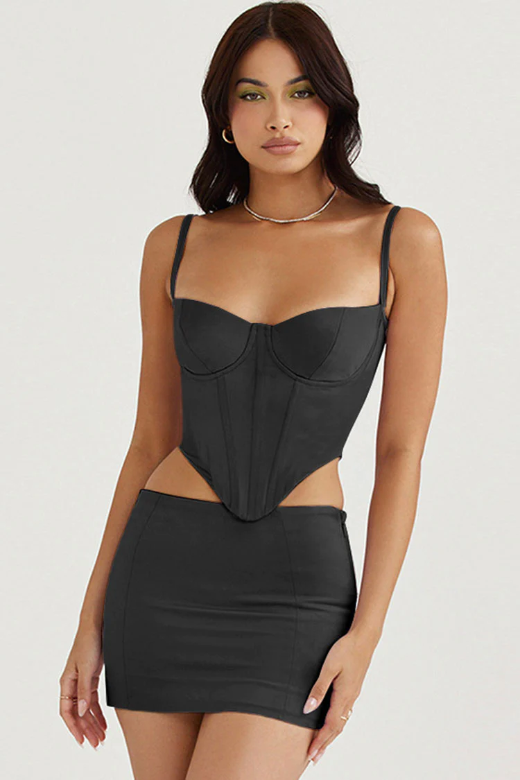 Sexy Crop Bustier Satin Top Low Waist Two Piece Mini Dress - Black
