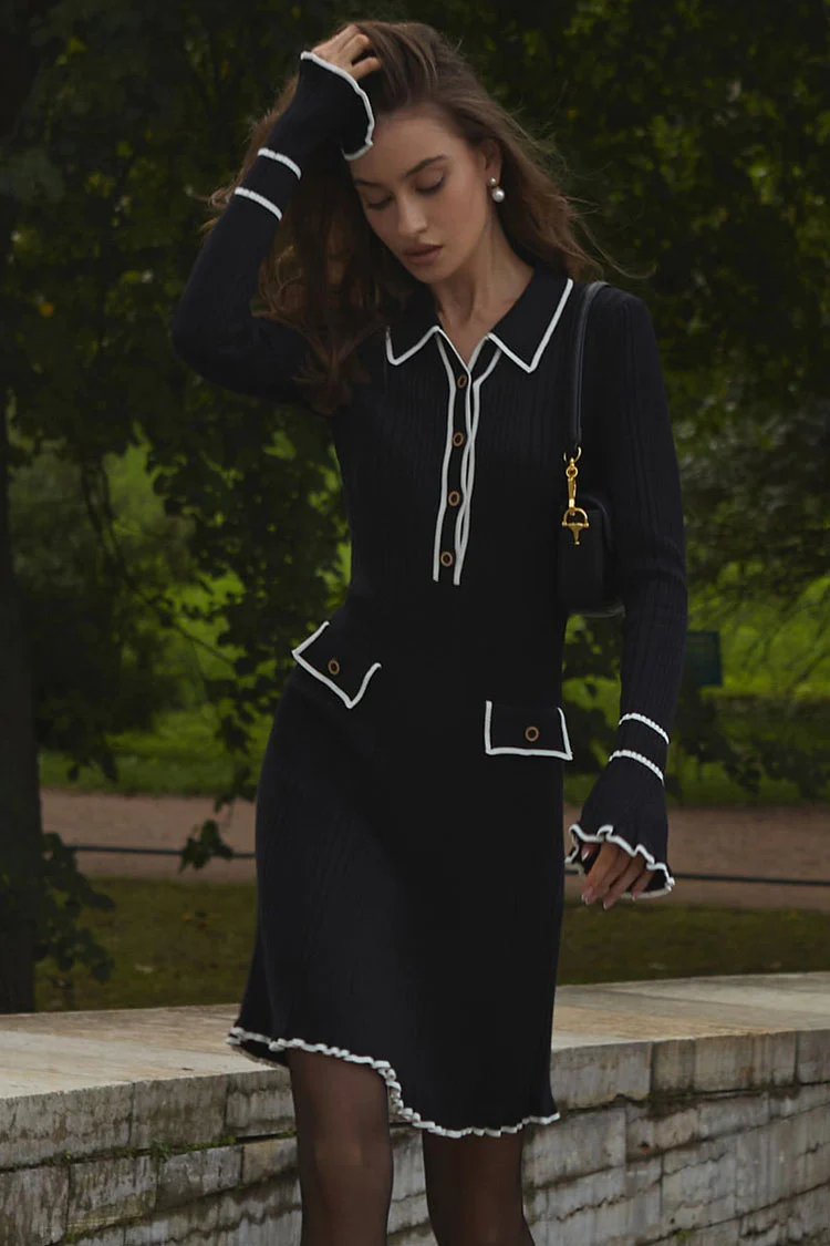 Preppy Chic Contrast Collar Button Up Long Sleeve Ribbed Knit Sweater Mini Dress - Black