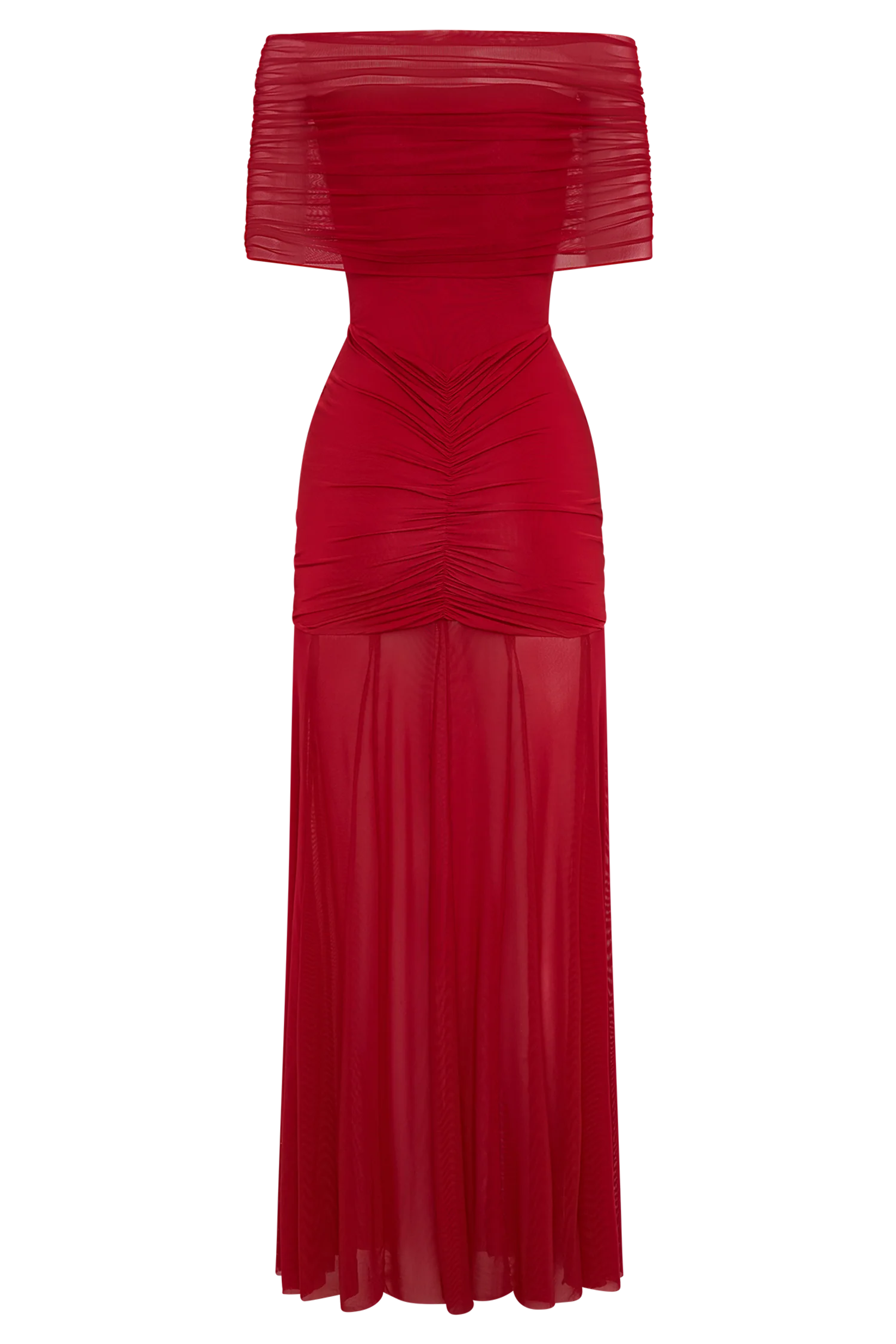 Caspian Slinky And Mesh Off Shoulder Maxi Dress - Ruby