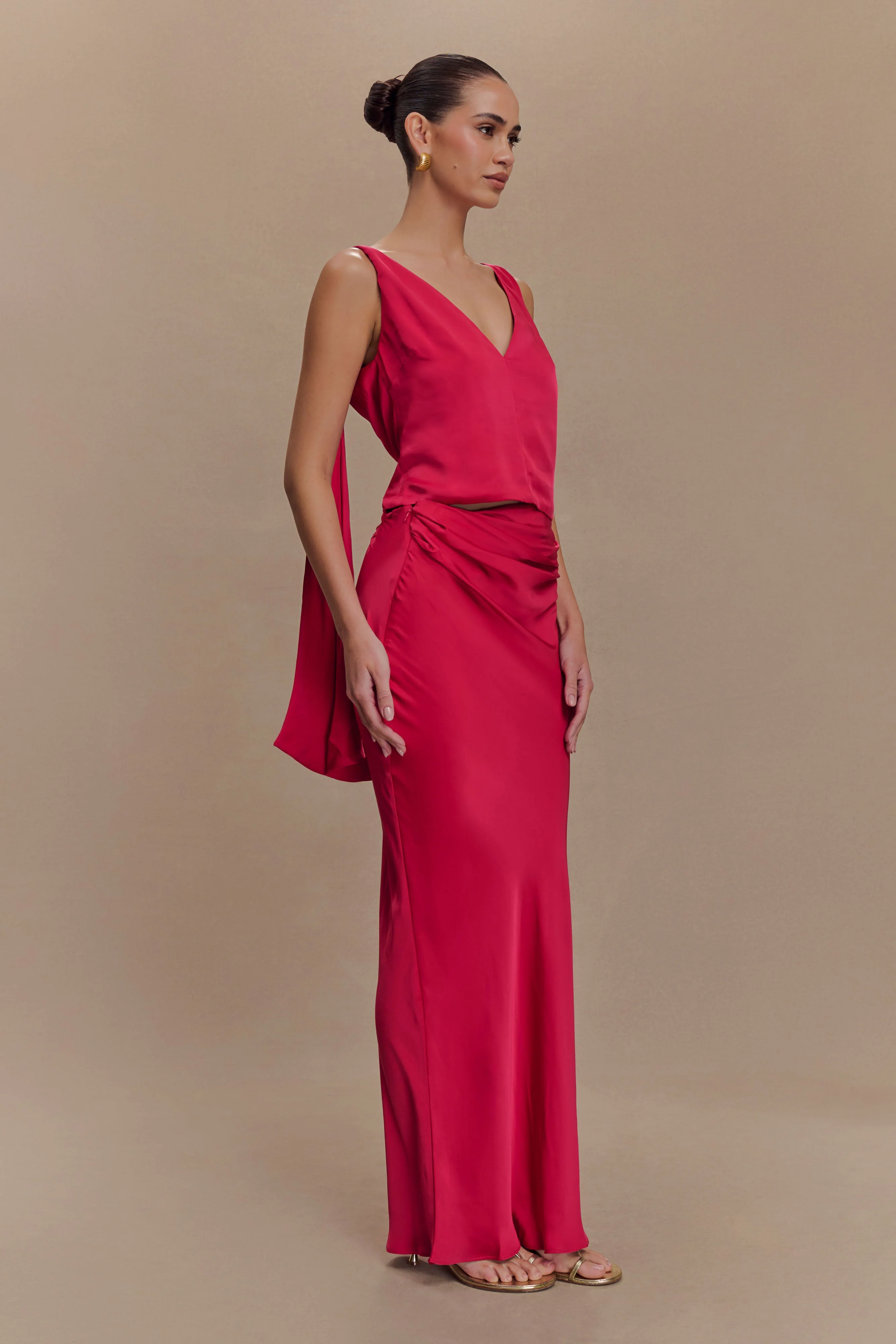 Nicola Satin Asymmetric Maxi Skirt - Pink Cherry