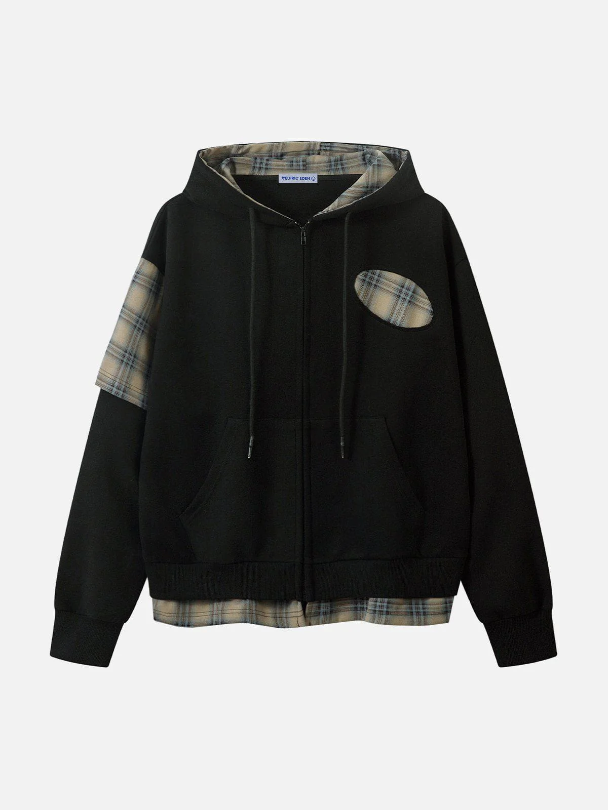 Aelfric Eden Irregular Plaid Patchwork Zip Up Hoodie