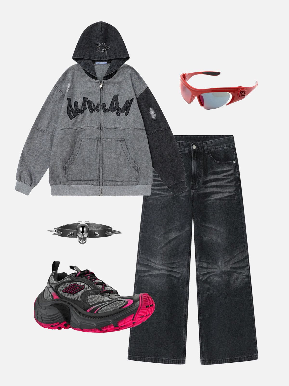 Aelfric Eden Distressed Denim Patchwork Zip Up Hoodie