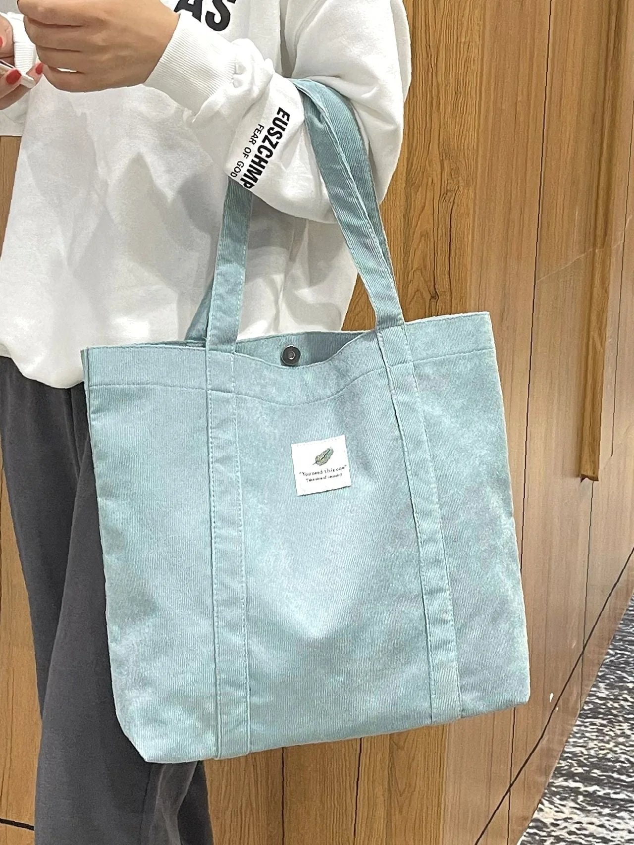 Bag For Love - Corduroy Letter Patch Shopper Bag  - Women Tote Bags