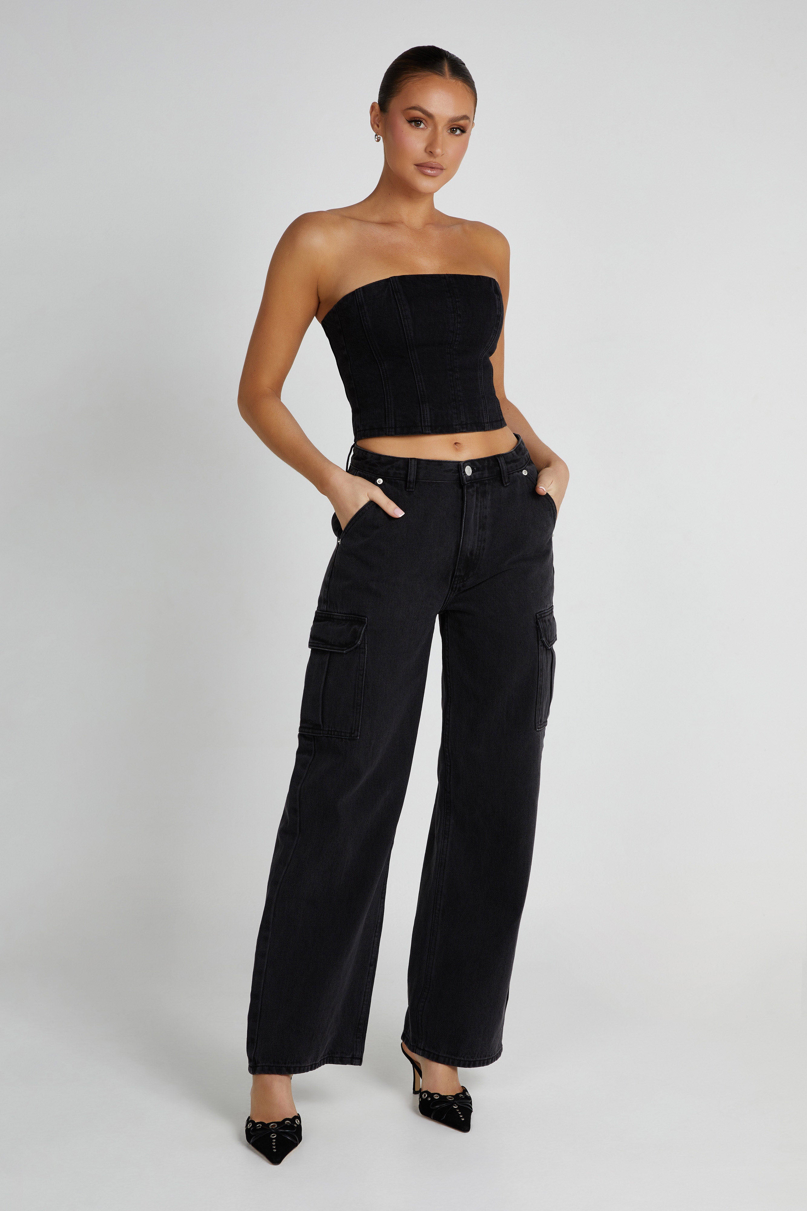 MESHKI Jordana Denim Tube Top - Washed Black