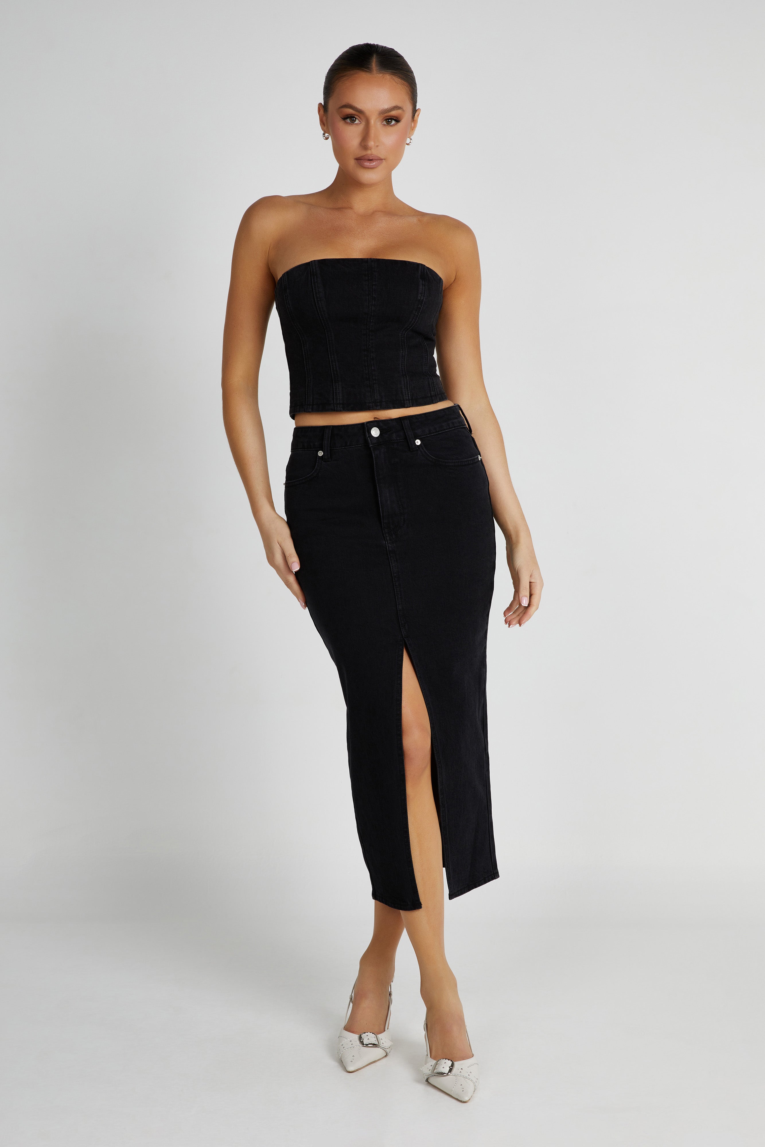 MESHKI Jordana Denim Tube Top - Washed Black