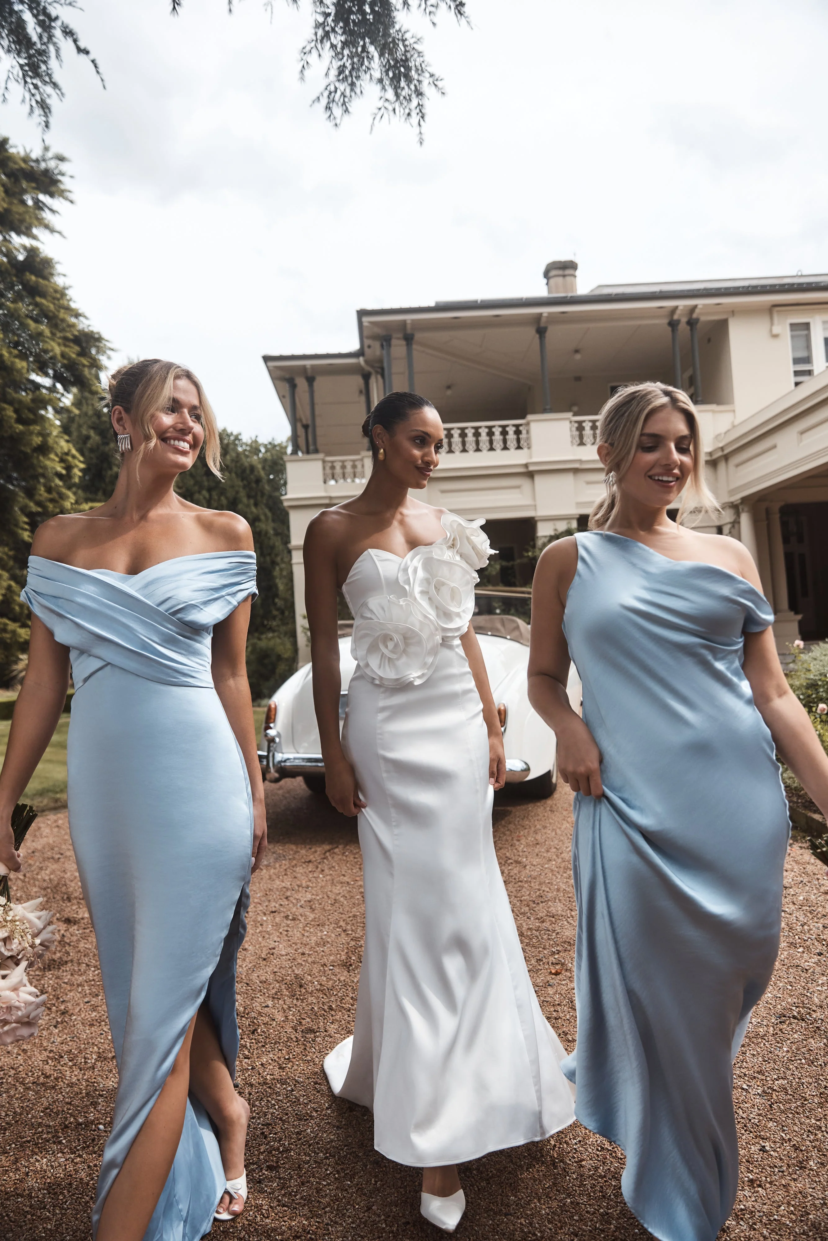 MESHKI Harley Off Shoulder Satin Maxi Dress - Cornflower Blue