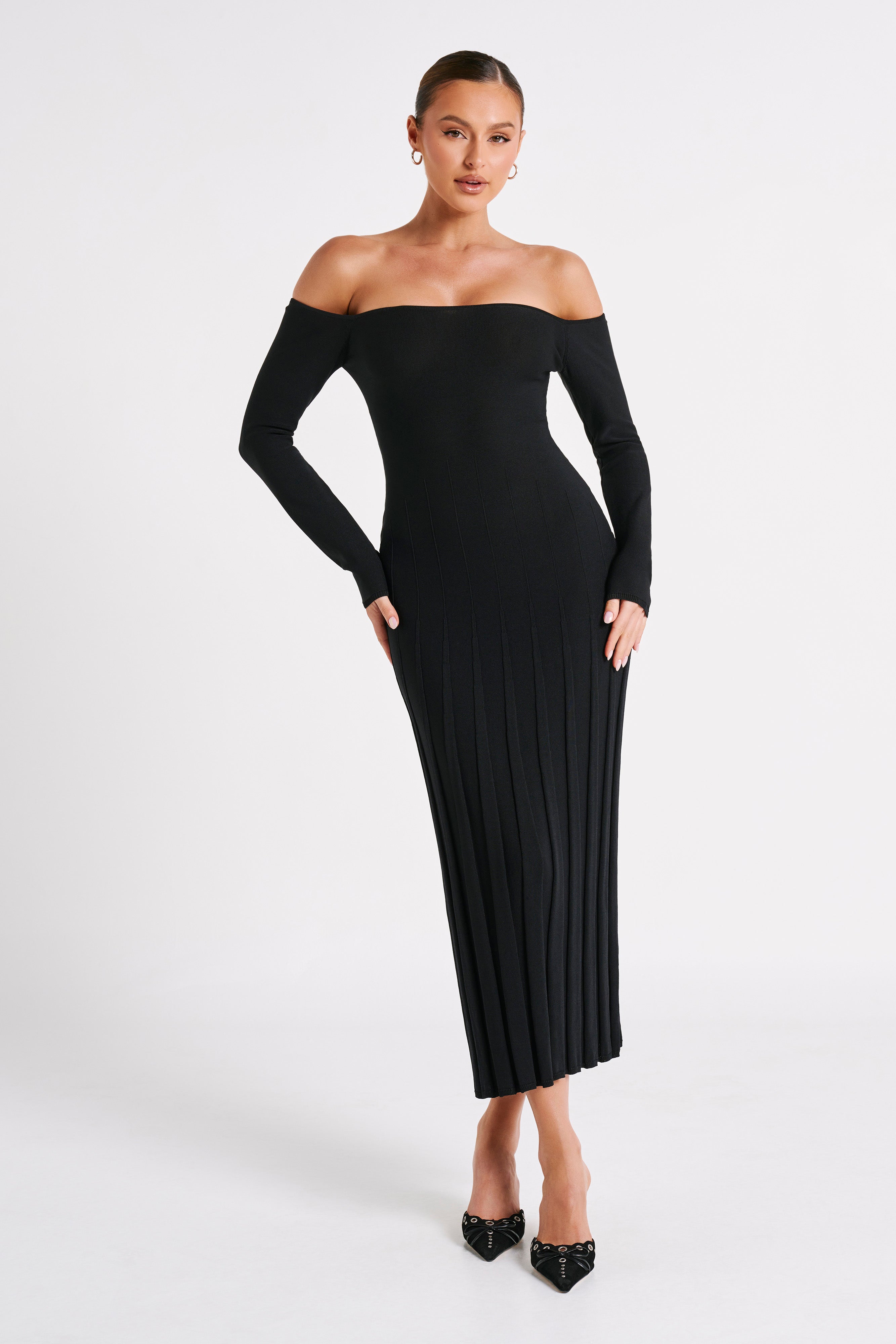 MESHKI Emmeline Long Sleeve Rib Knit Midi Dress - Black