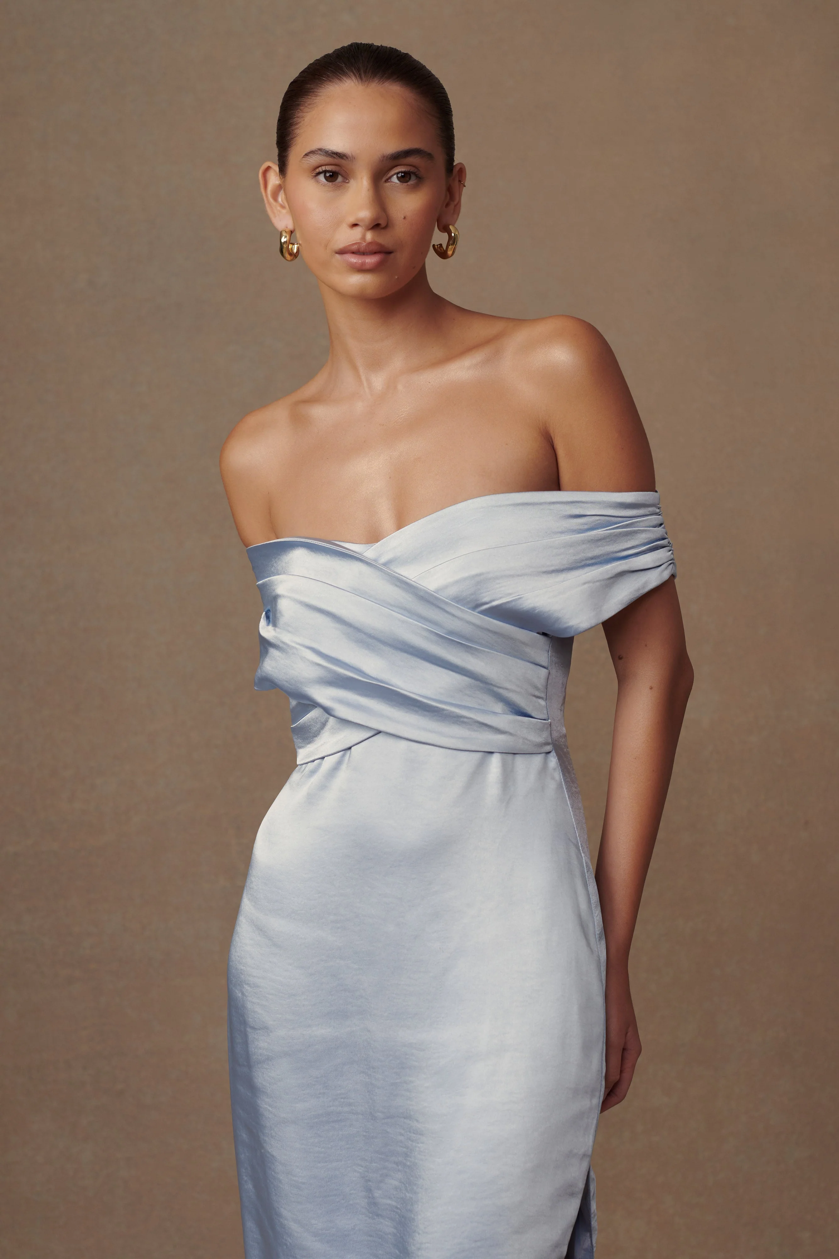 MESHKI Harley Off Shoulder Satin Maxi Dress - Cornflower Blue