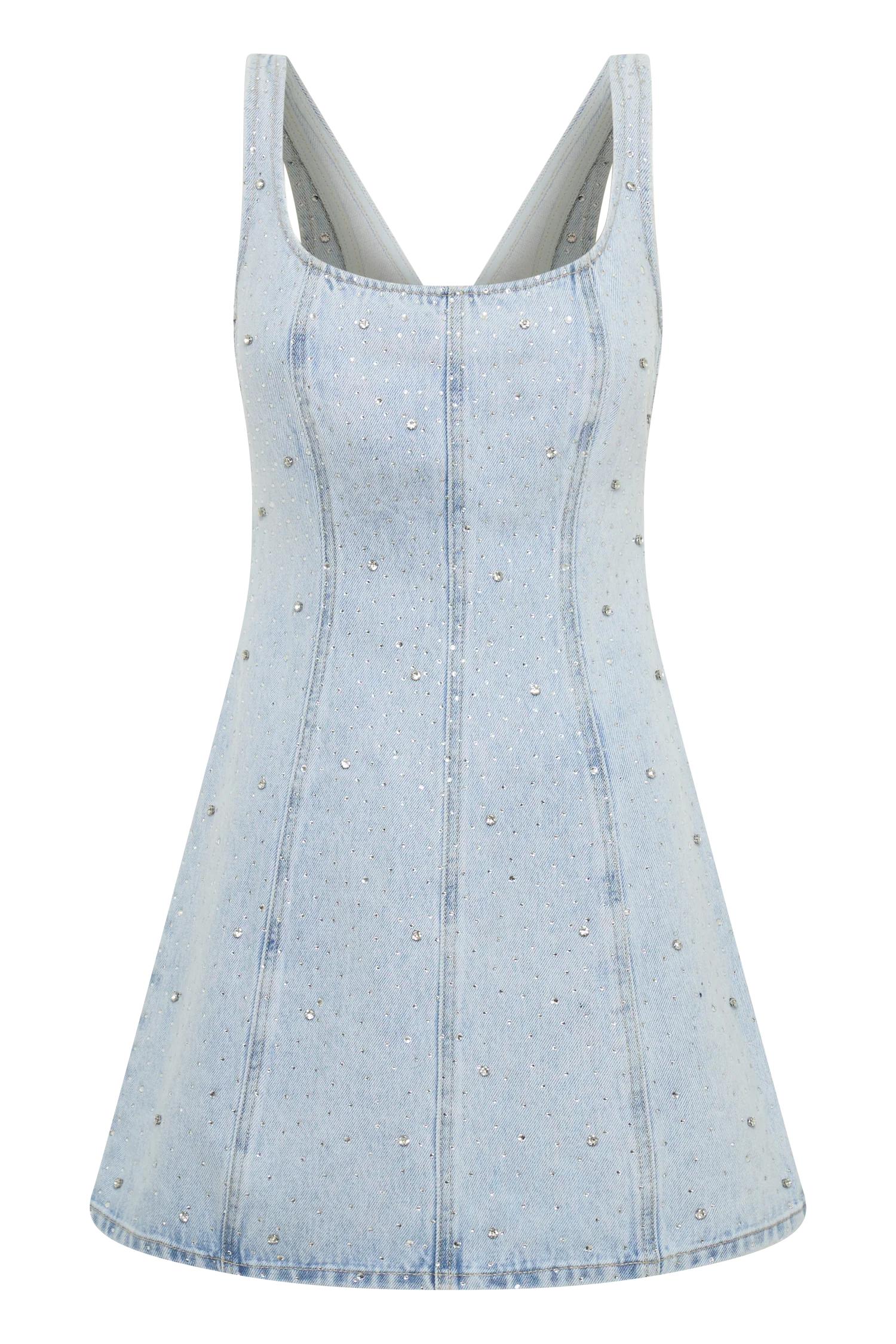 MESHKI Rue Embellished Denim Mini Dress - Light Blue