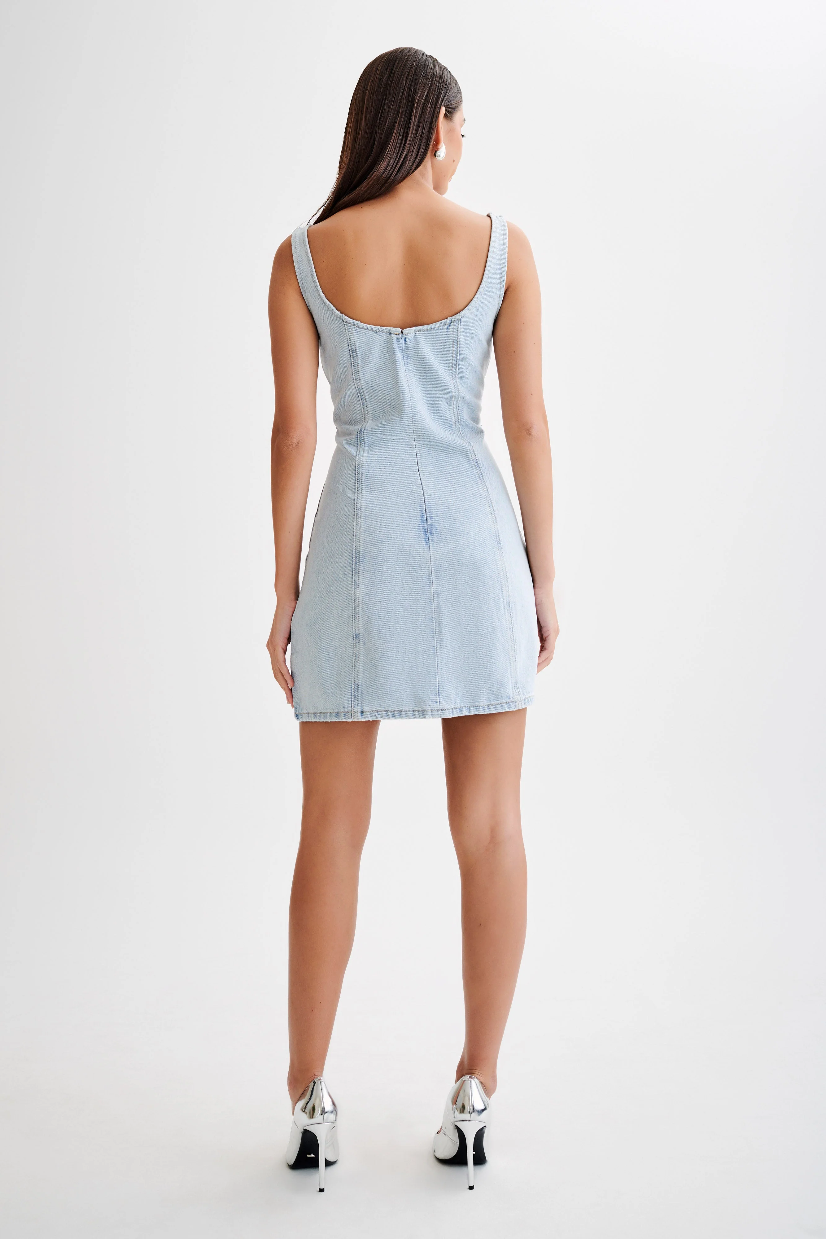 MESHKI Rue Embellished Denim Mini Dress - Light Blue