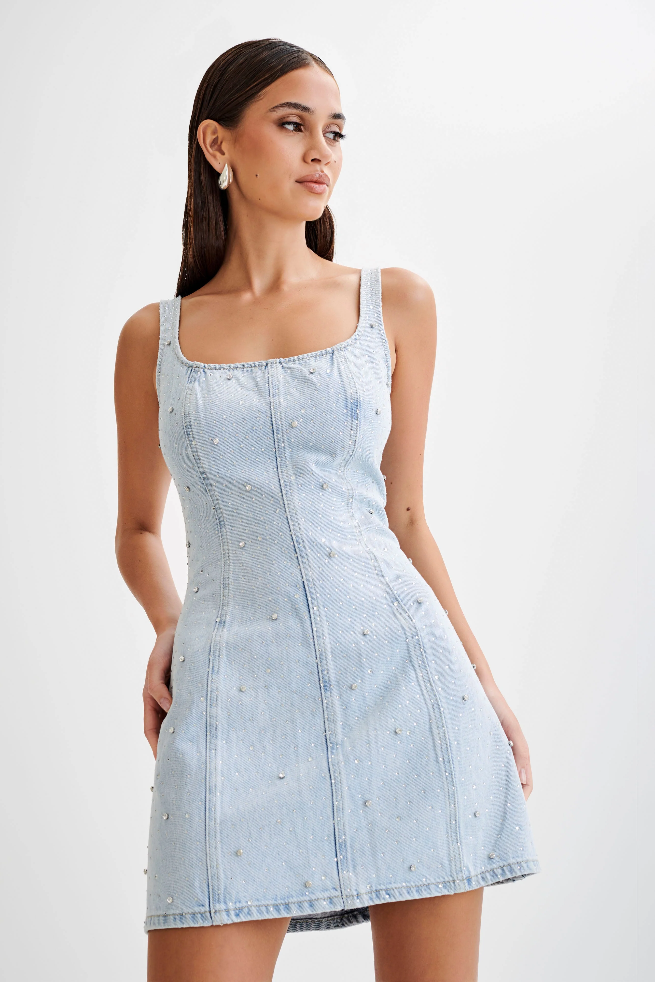 MESHKI Rue Embellished Denim Mini Dress - Light Blue