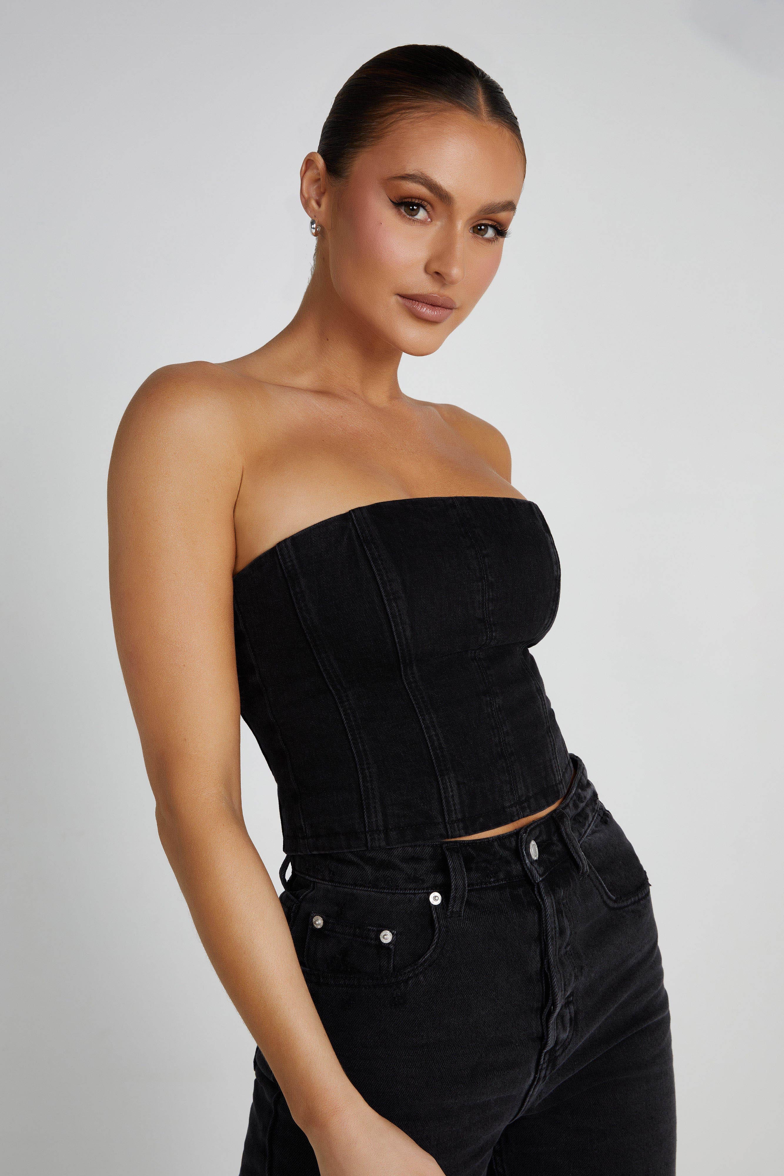 MESHKI Jordana Denim Tube Top - Washed Black