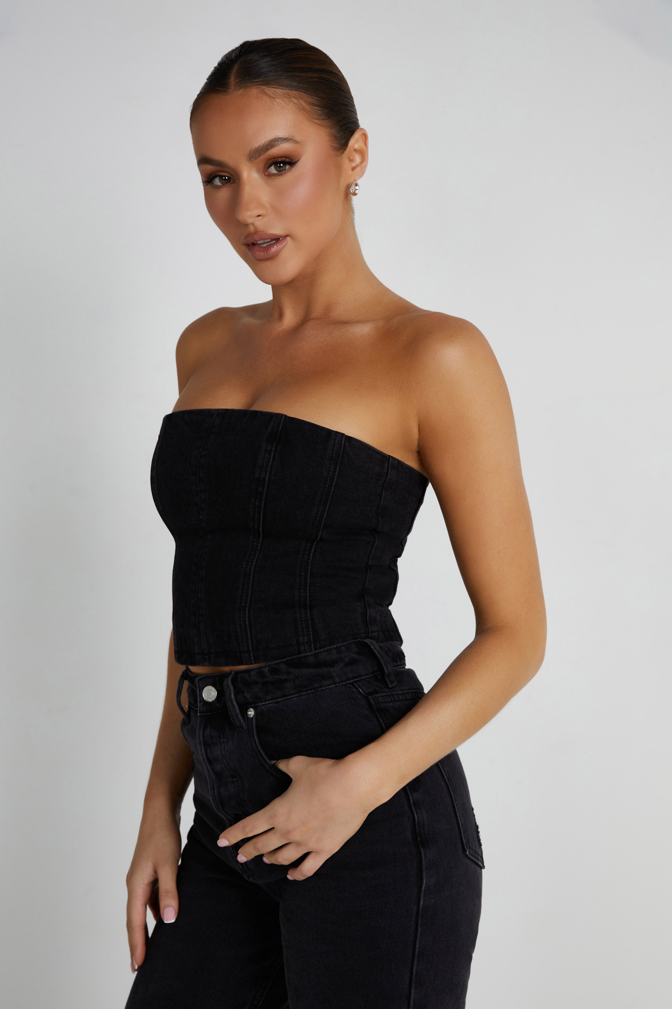 MESHKI Jordana Denim Tube Top - Washed Black