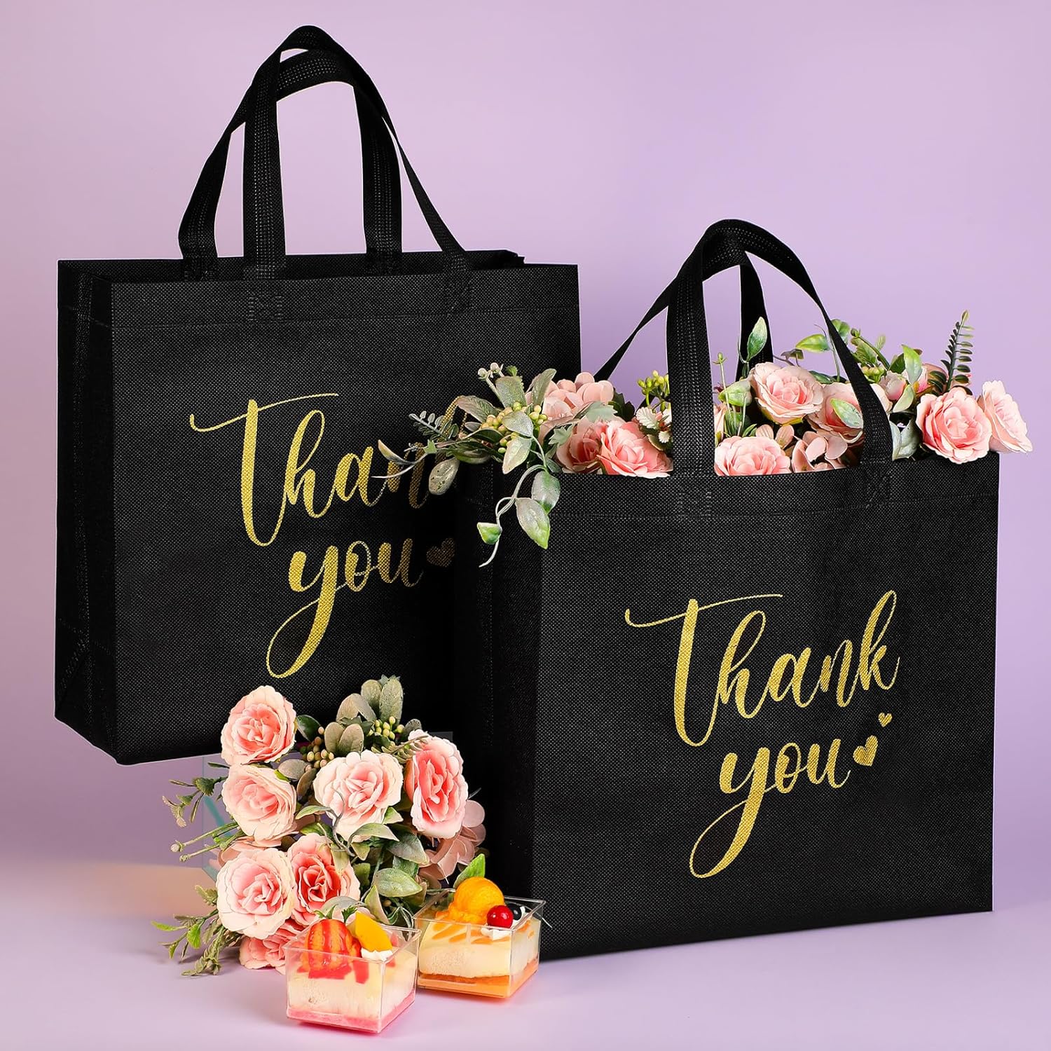 Sweetude 30 Pcs Valentine's Day Thank You Gift Bags with Handles Bulk Reusable Goodie Bag Non Woven Foldable Bag for Graduation Wedding Bridesmaid Gifts(11 x 12 x 5 Inch,Black)