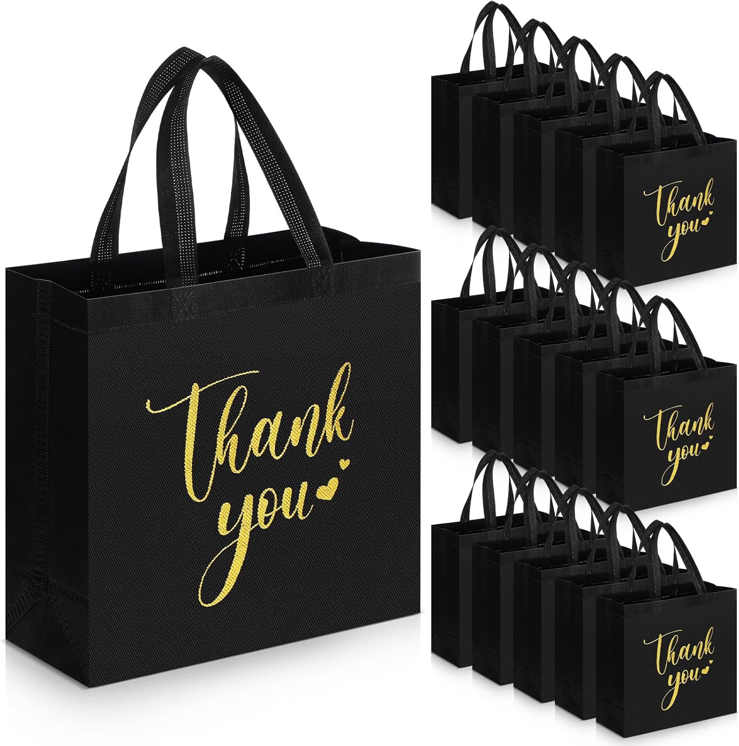 Sweetude 30 Pcs Valentine's Day Thank You Gift Bags with Handles Bulk Reusable Goodie Bag Non Woven Foldable Bag for Graduation Wedding Bridesmaid Gifts(11 x 12 x 5 Inch,Black)