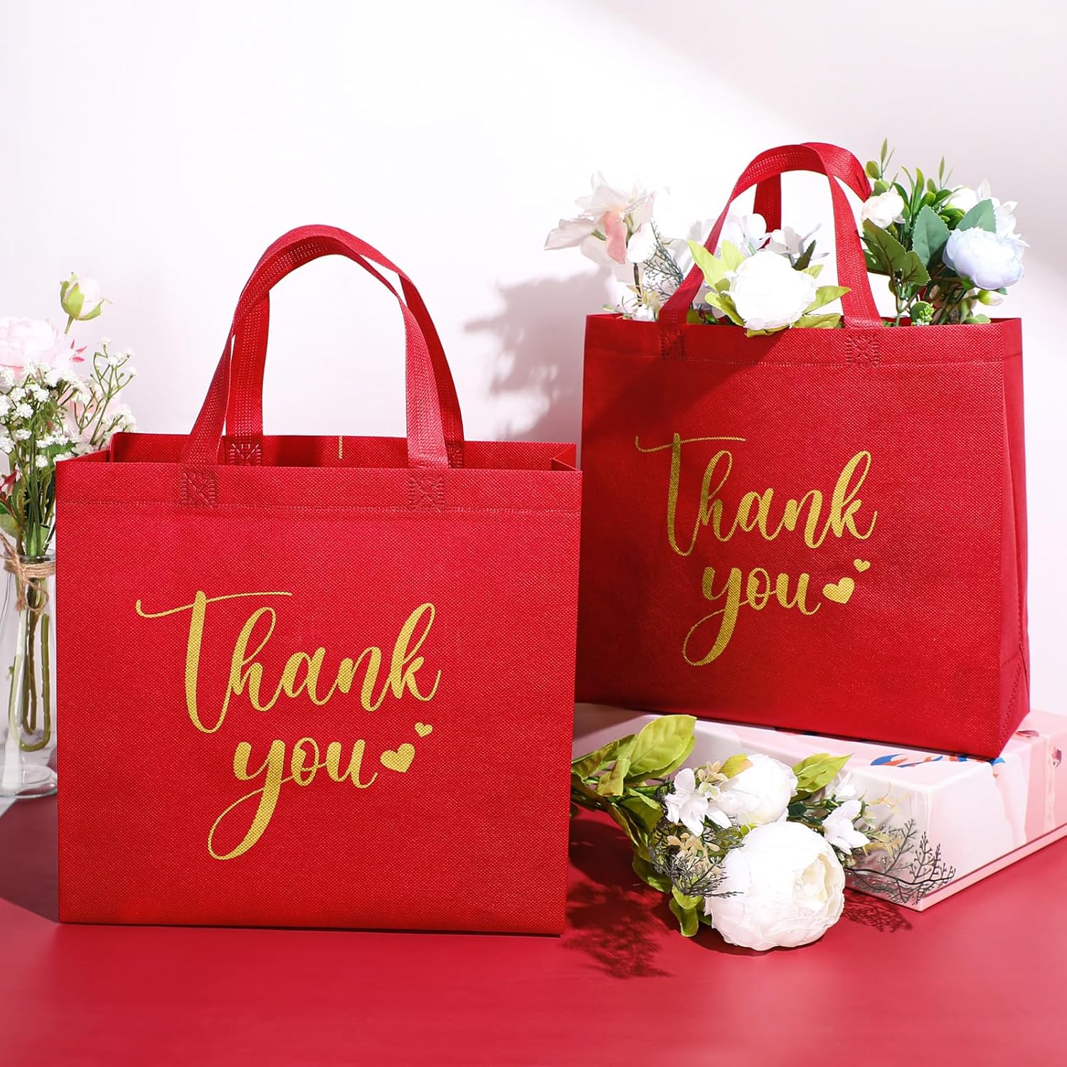 Sweetude 30 Pcs Valentine's Day Thank You Gift Bags with Handles Bulk Reusable Goodie Bag Non Woven Foldable Bag for Graduation Wedding Bridesmaid Gifts(11 x 12 x 5 Inch,Black)