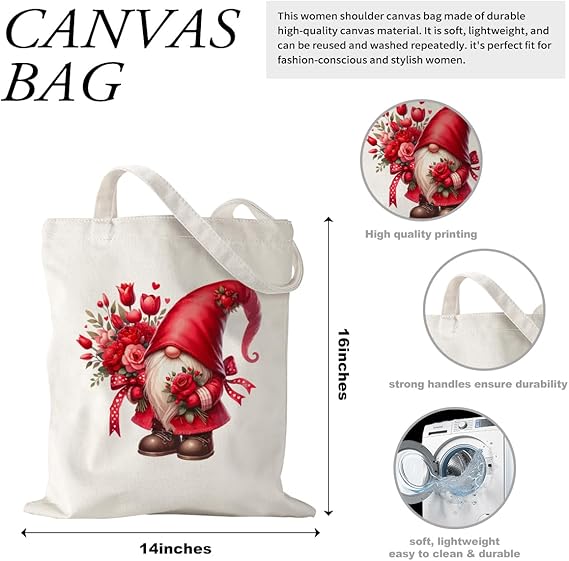 Aesthetic Tote Bags for Women Valentine's Day Cute Tote Bag Canvas Tote Bag for Vacation Shopping Grocery Mother's Day Spring Birthday Gifts for Women Wife Lover Gnome Gift
