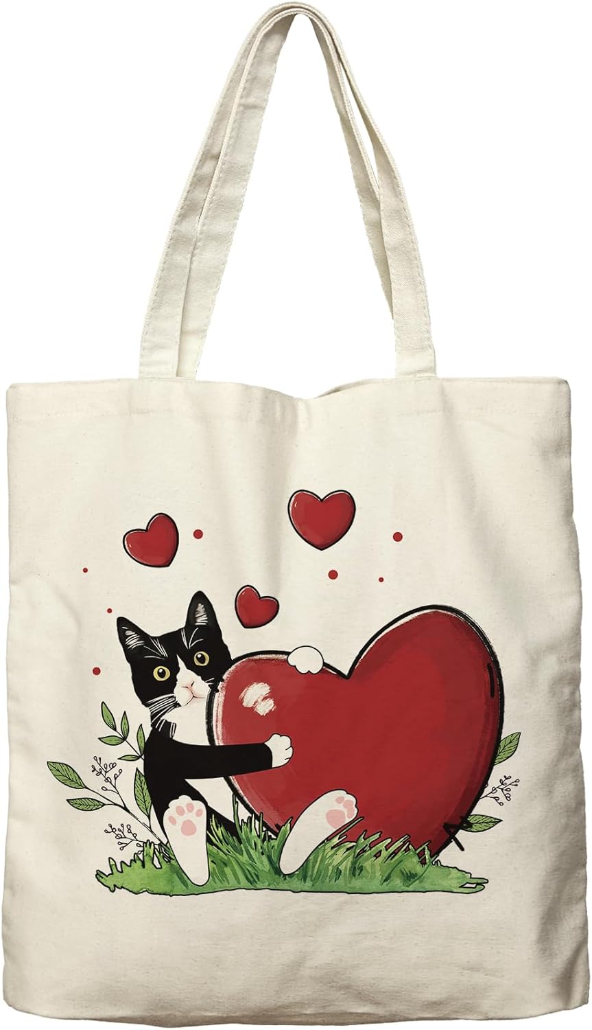 Dlzdn Cat Heart Canvas Tote Bag For Women Aesthetic Funny Cat Valentines Day Tote Bag Shopping Grocery Bag Beach Bag Gifts for Women Teacher Bag Reusable Grocery Bag