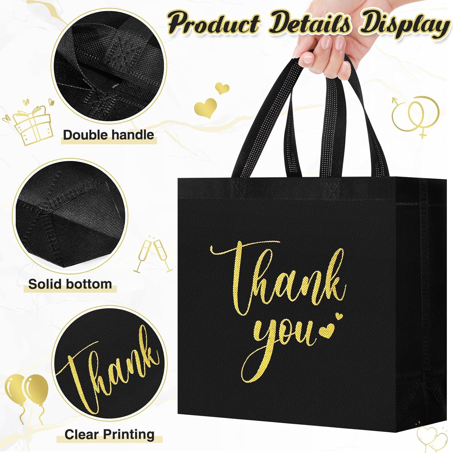 Sweetude 30 Pcs Valentine's Day Thank You Gift Bags with Handles Bulk Reusable Goodie Bag Non Woven Foldable Bag for Graduation Wedding Bridesmaid Gifts(11 x 12 x 5 Inch,Black)