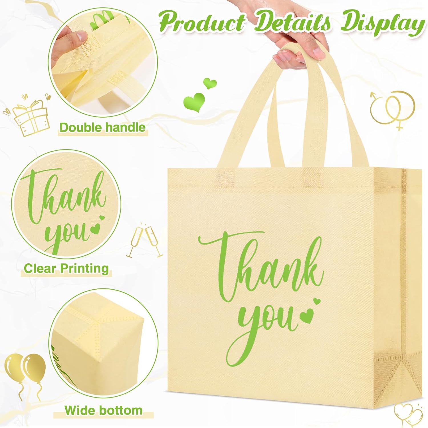 Sweetude 30 Pcs Valentine's Day Thank You Gift Bags with Handles Bulk Reusable Goodie Bag Non Woven Foldable Bag for Graduation Wedding Bridesmaid Gifts(11 x 12 x 5 Inch,Black)
