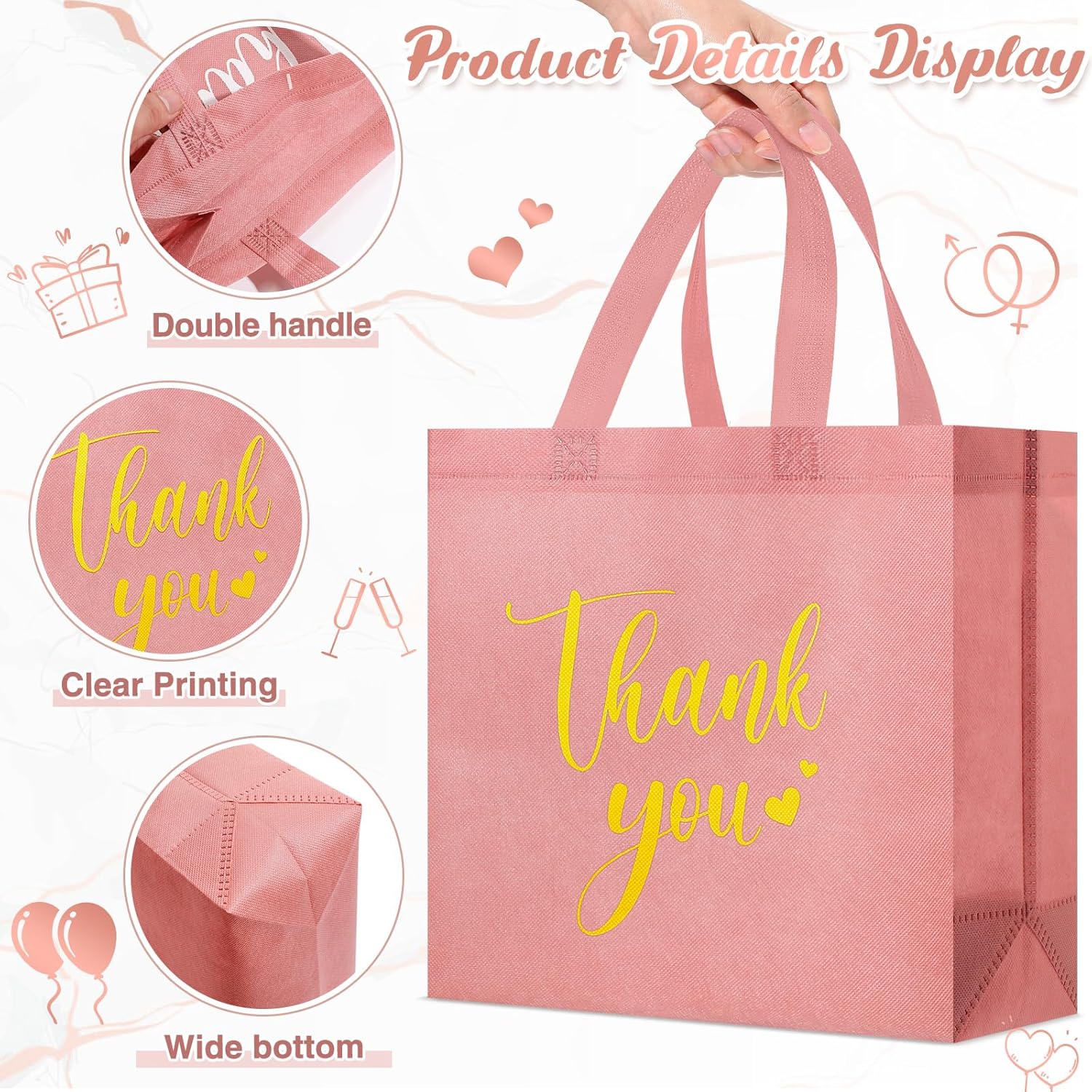 Sweetude 30 Pcs Valentine's Day Thank You Gift Bags with Handles Bulk Reusable Goodie Bag Non Woven Foldable Bag for Graduation Wedding Bridesmaid Gifts(11 x 12 x 5 Inch,Black)
